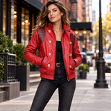 Women's Akira Kaneda Inspired Jacket – Red Leather Biker Jacket with Capsule Back, Burgundy Quilted Shoulders and Gold-Tone Clasps, Anime Cosplay Costume