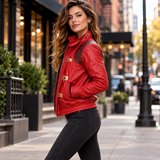 Women's Akira Kaneda Inspired Jacket – Red Leather Biker Jacket with Capsule Back, Burgundy Quilted Shoulders and Gold-Tone Clasps, Anime Cosplay Costume
