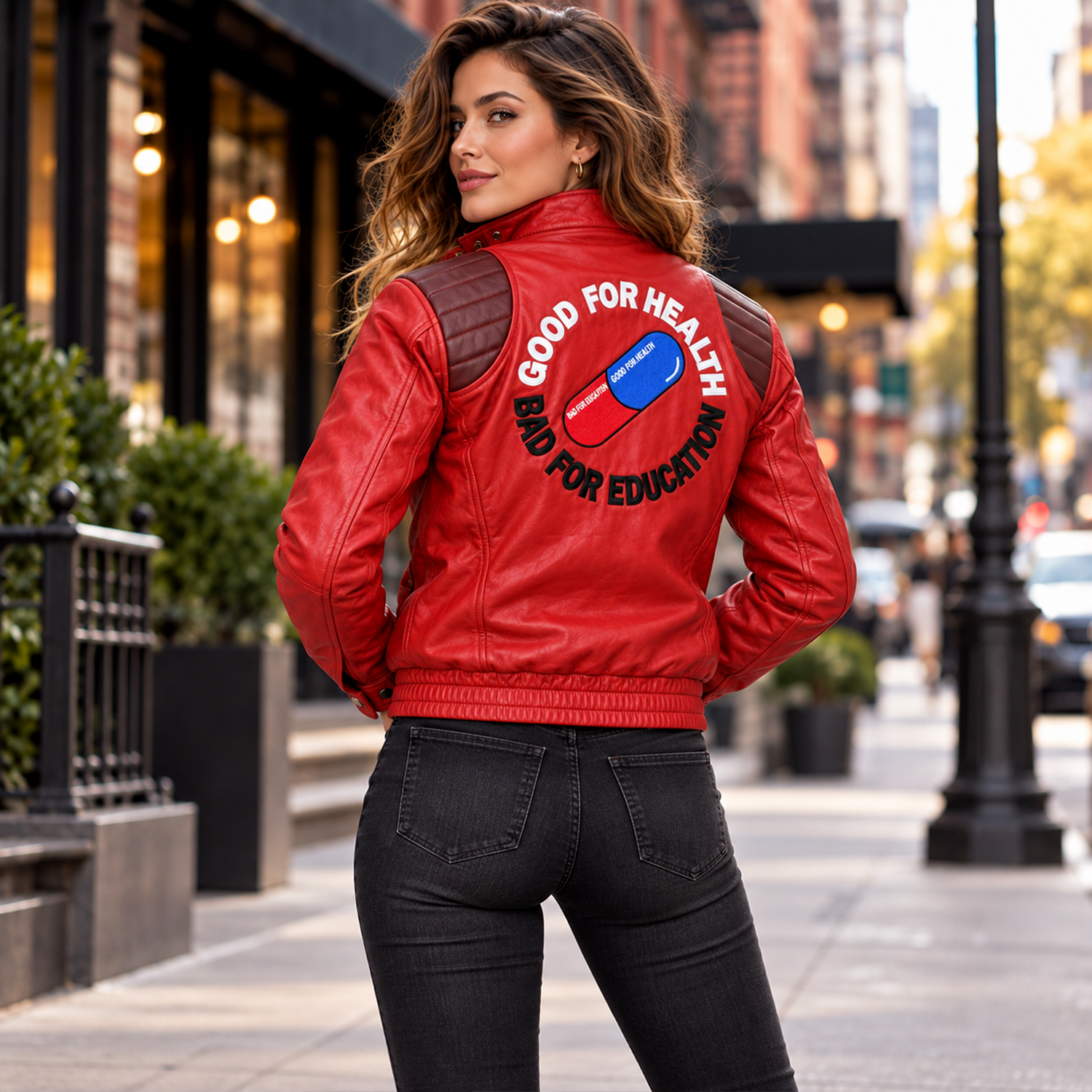 Women's Akira Kaneda Inspired Jacket – Red Leather Biker Jacket with Capsule Back, Burgundy Quilted Shoulders and Gold-Tone Clasps, Anime Cosplay Costume
