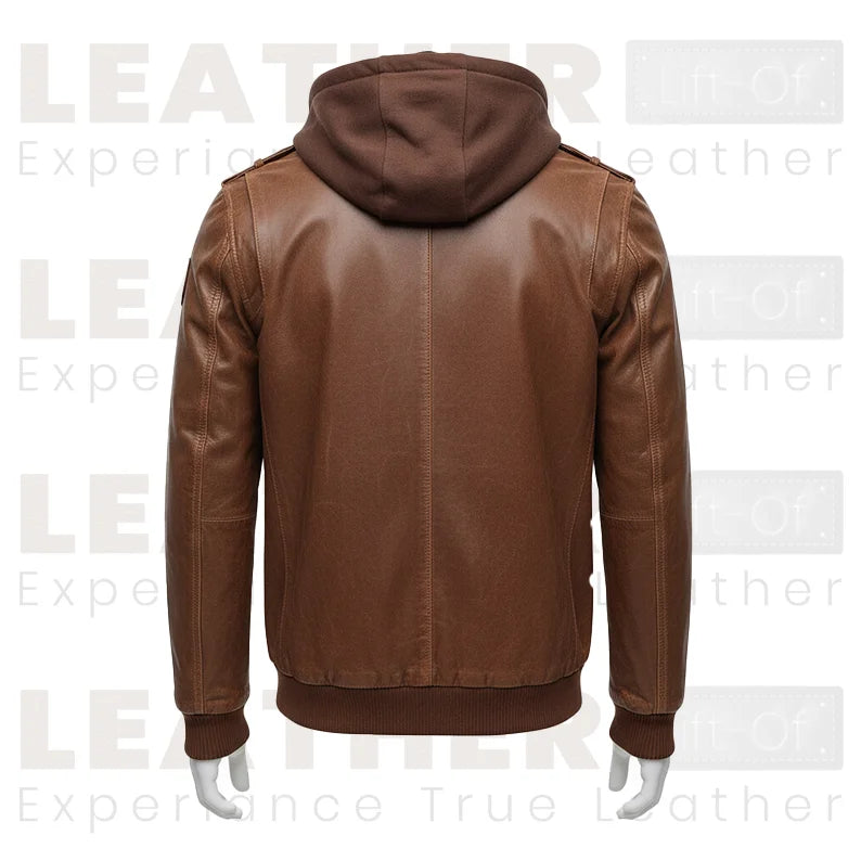 Men’s Brown Hooded Leather Bomber Jacket – Removable Hoodie, Multi-Pocket Design