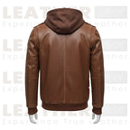 Men’s Brown Hooded Leather Bomber Jacket – Removable Hoodie, Multi-Pocket Design