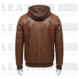 Men’s Brown Hooded Leather Bomber Jacket – Removable Hoodie, Multi-Pocket Design