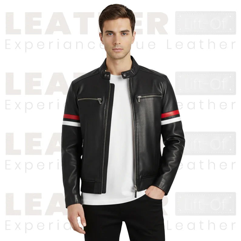 Herren-Motorradjacke aus Kunstleder – Biker-Oberbekleidung mit rot-weißem Streifen
