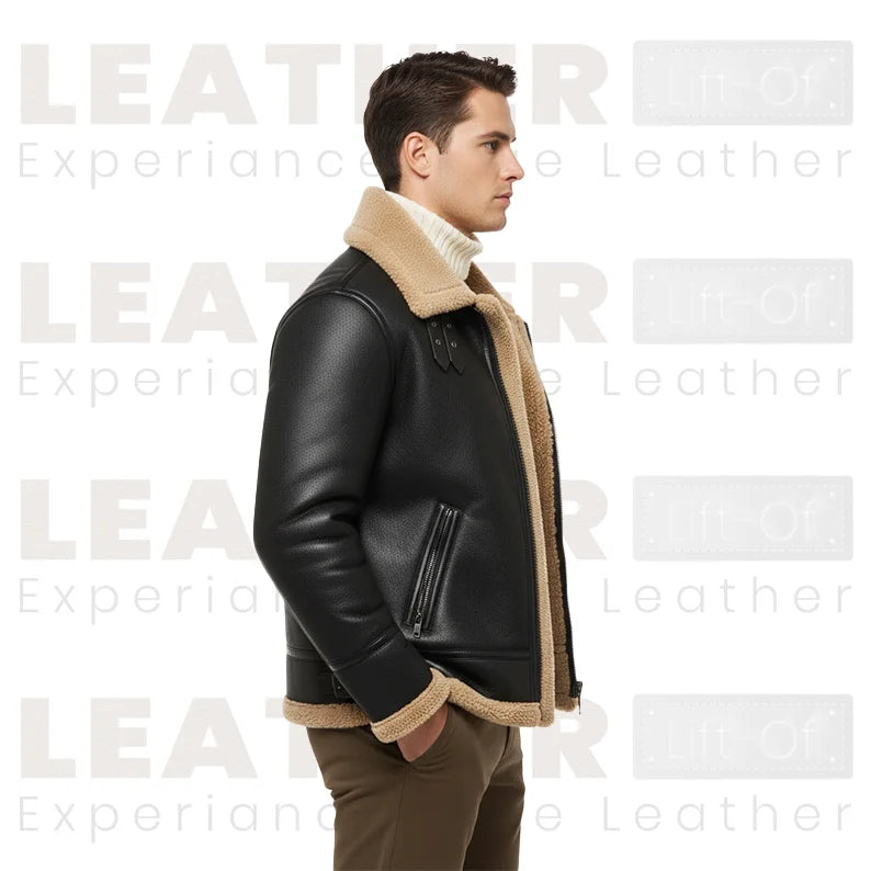 Men's Black Shearling Collar Leather Jacket – Winter B3 Bomber