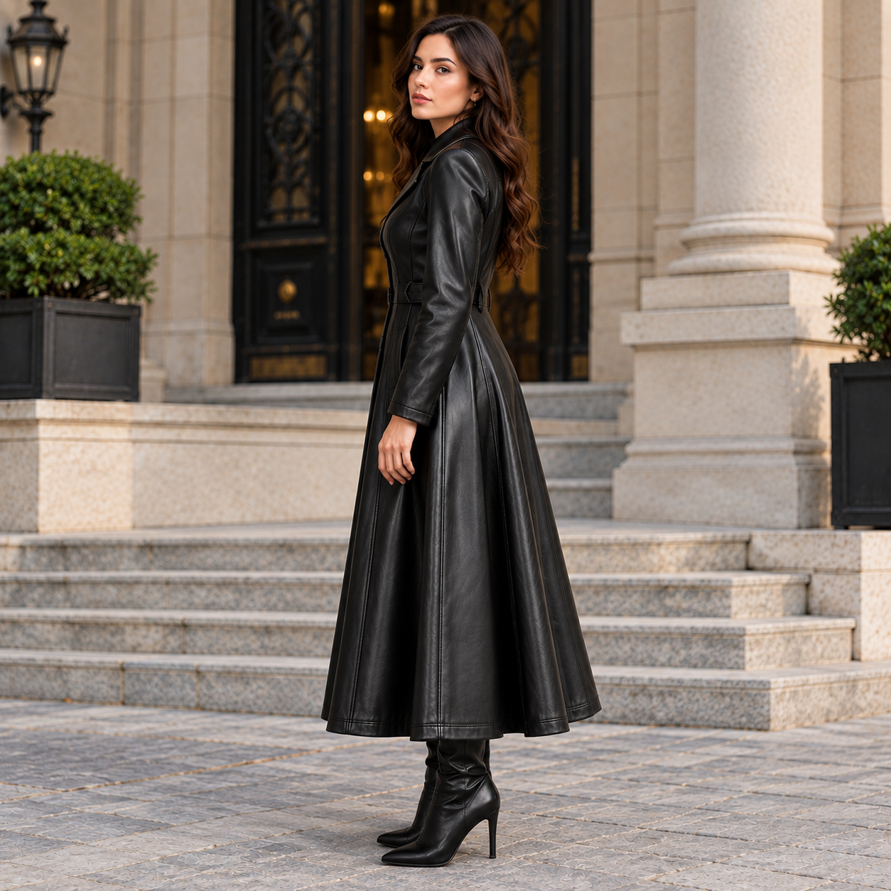 Women’s Black Leather Long Coat Gothic Elegance with a Fitted Waist & Flared Hem