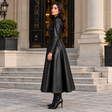 Women’s Black Leather Long Coat Gothic Elegance with a Fitted Waist & Flared Hem