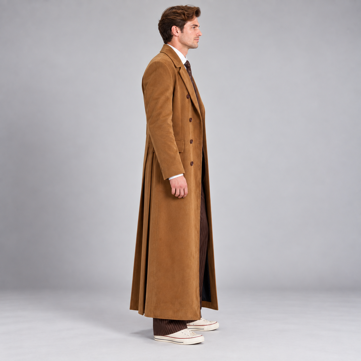 Men's Camel Brown Double Breasted Long Coat – Cotton Ankle Length Overcoat with Wide Notched Lapels, Vintage Inspired
