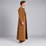 Men's Camel Brown Double Breasted Long Coat – Cotton Ankle Length Overcoat with Wide Notched Lapels, Vintage Inspired