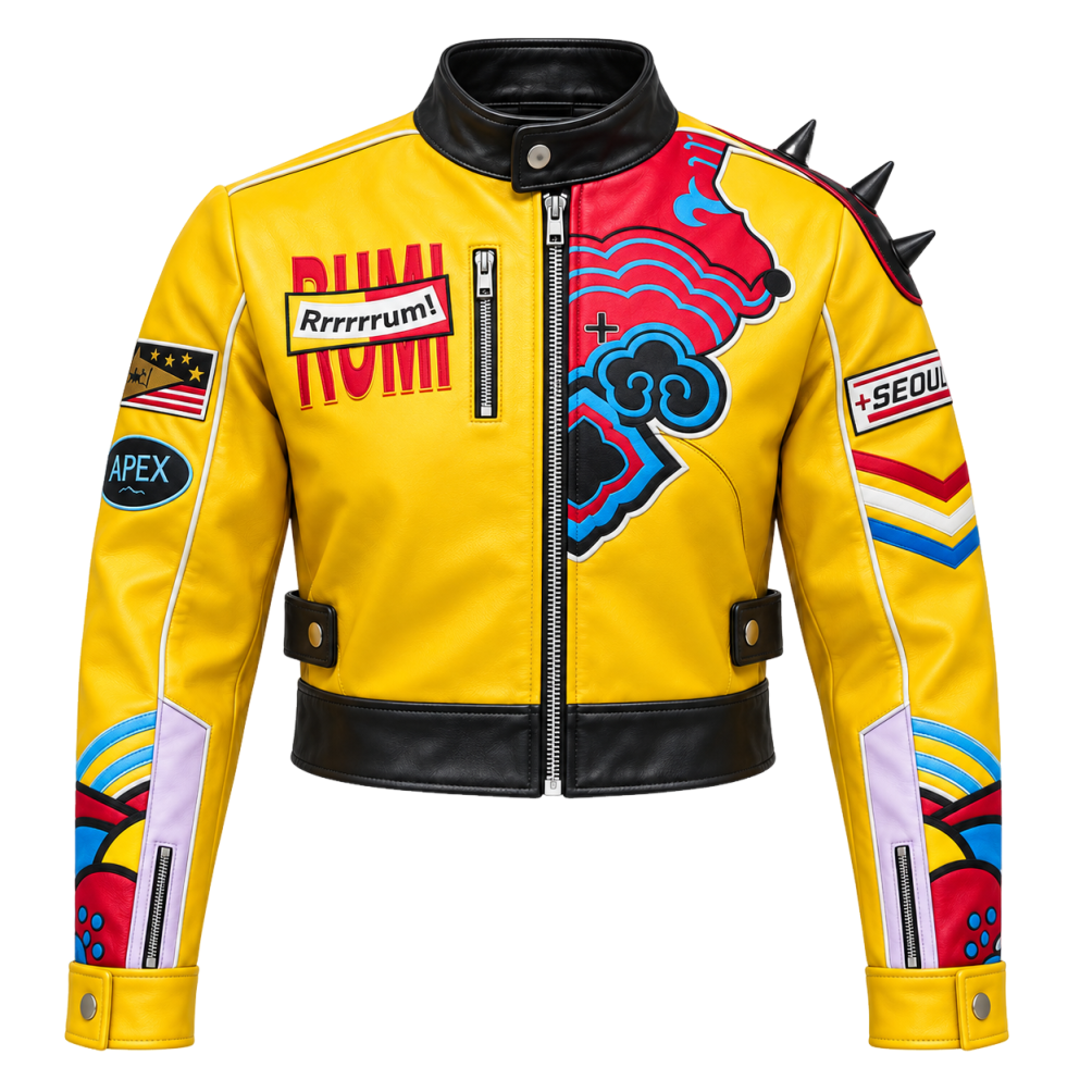 Men’s Yellow Cropped Biker Jacket with Shoulder Spikes Bold Graphic Cosplay & Streetwear Style