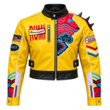 Men’s Yellow Cropped Biker Jacket with Shoulder Spikes Bold Graphic Cosplay & Streetwear Style