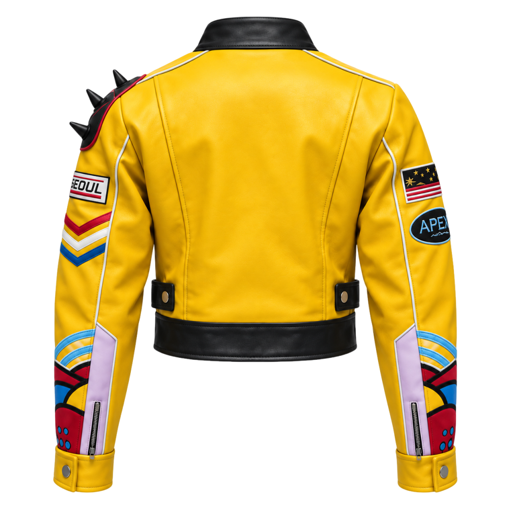 Men’s Yellow Cropped Biker Jacket with Shoulder Spikes Bold Graphic Cosplay & Streetwear Style