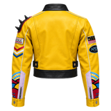 Men’s Yellow Cropped Biker Jacket with Shoulder Spikes Bold Graphic Cosplay & Streetwear Style