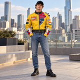 Men’s Yellow Cropped Biker Jacket with Shoulder Spikes Bold Graphic Cosplay & Streetwear Style