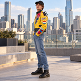 Men’s Yellow Cropped Biker Jacket with Shoulder Spikes Bold Graphic Cosplay & Streetwear Style