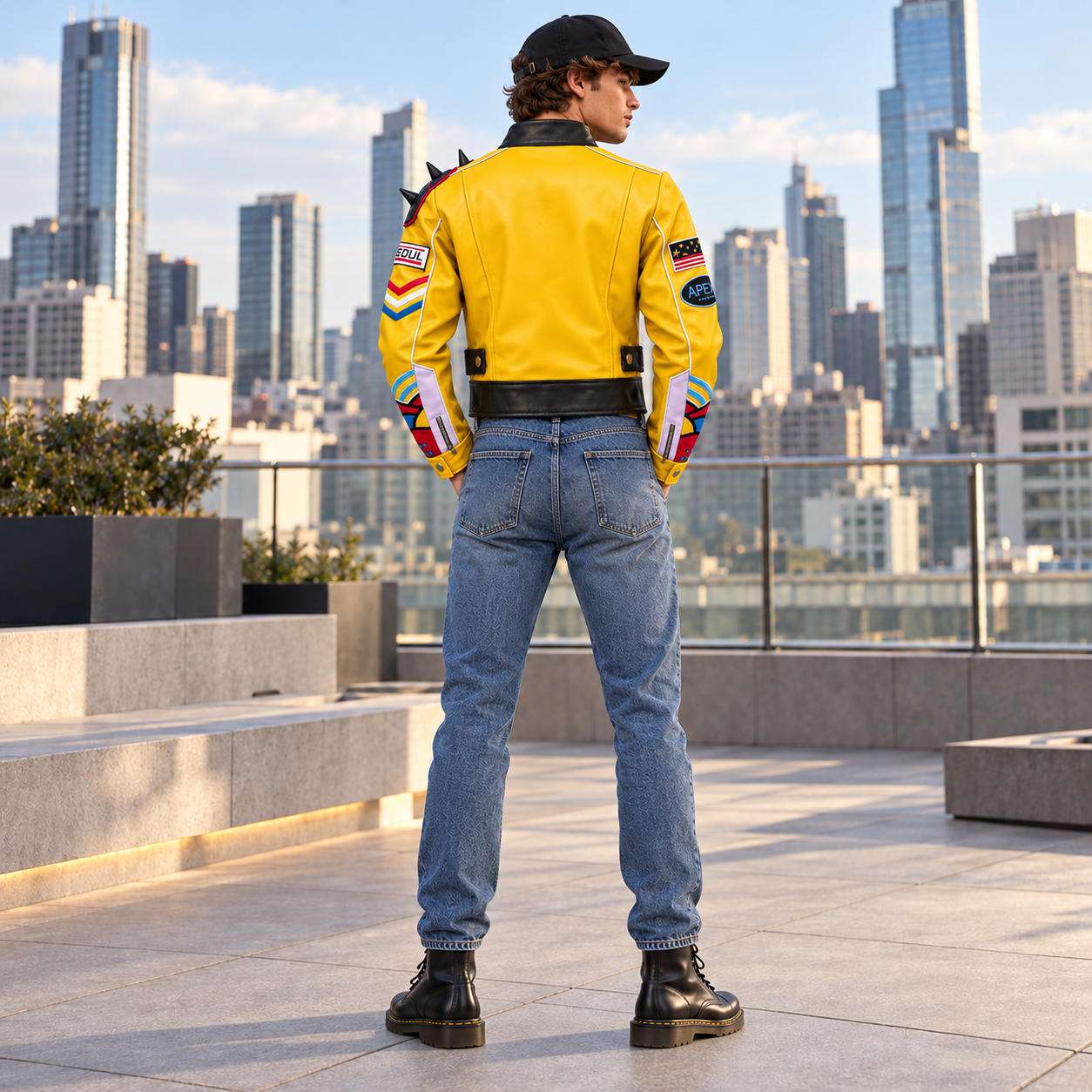 Men’s Yellow Cropped Biker Jacket with Shoulder Spikes Bold Graphic Cosplay & Streetwear Style