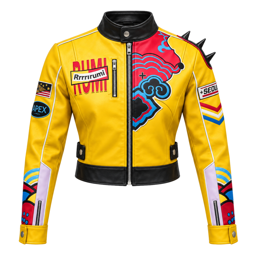 Women’s Yellow Cropped Biker Jacket with Shoulder Spikes – Bold Graphic Cosplay & Streetwear Style