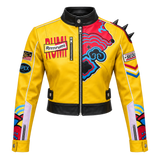Women’s Yellow Cropped Biker Jacket with Shoulder Spikes – Bold Graphic Cosplay & Streetwear Style