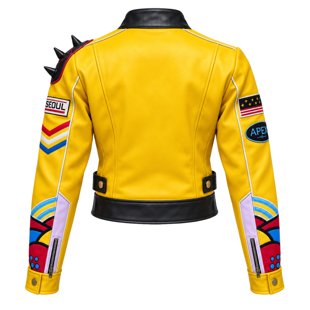Women’s Yellow Cropped Biker Jacket with Shoulder Spikes – Bold Graphic Cosplay & Streetwear Style