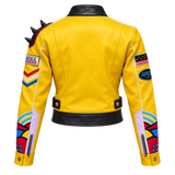 Women’s Yellow Cropped Biker Jacket with Shoulder Spikes – Bold Graphic Cosplay & Streetwear Style