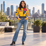Women’s Yellow Cropped Biker Jacket with Shoulder Spikes – Bold Graphic Cosplay & Streetwear Style