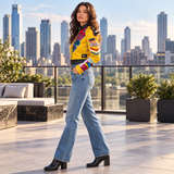 Women’s Yellow Cropped Biker Jacket with Shoulder Spikes – Bold Graphic Cosplay & Streetwear Style