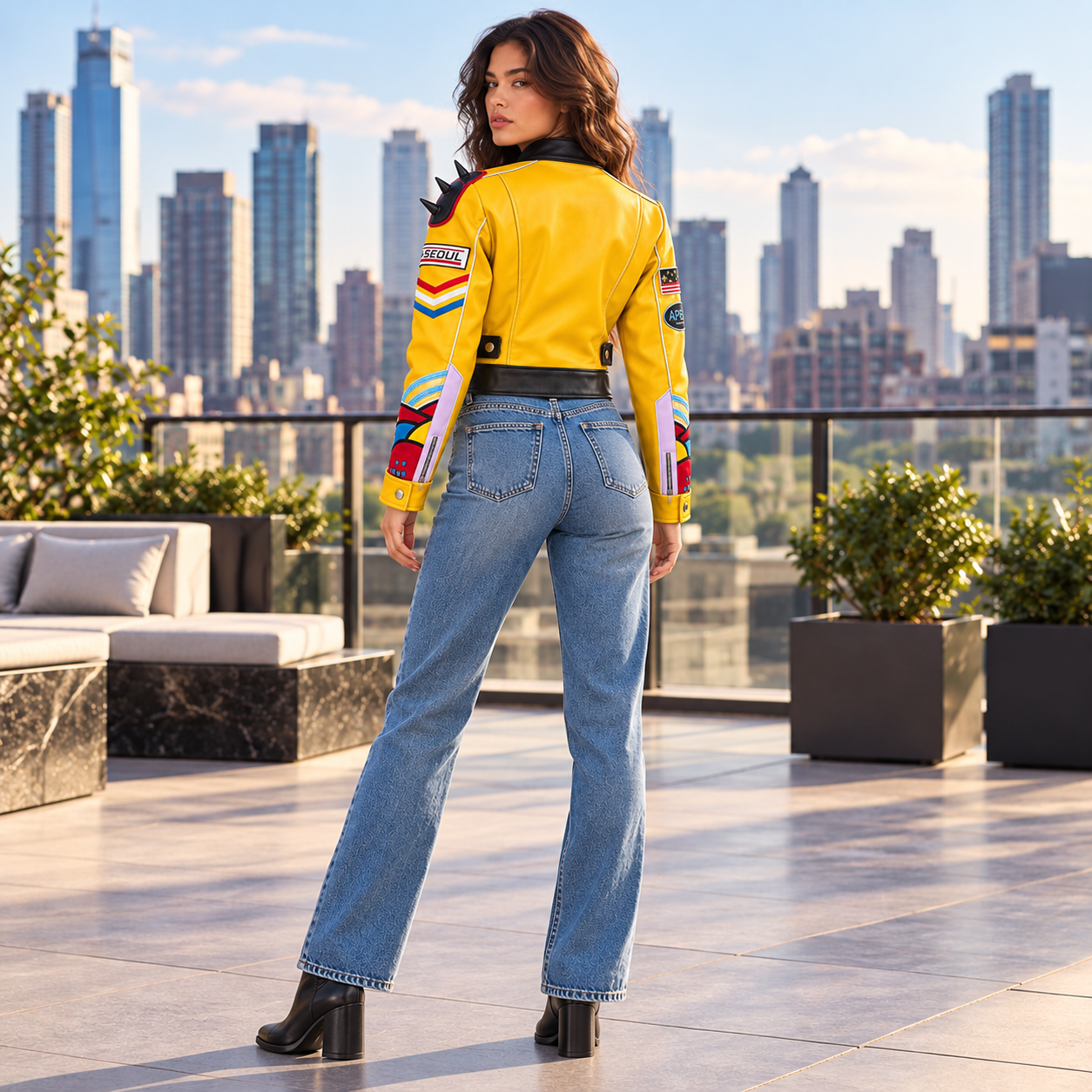 Women’s Yellow Cropped Biker Jacket with Shoulder Spikes – Bold Graphic Cosplay & Streetwear Style