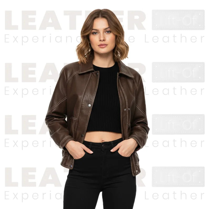 Blouson bombardier oversize en similicuir marron pour femme – Manteau zippé