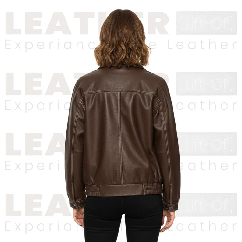 Blouson bombardier oversize en similicuir marron pour femme – Manteau zippé