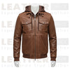 Men’s Brown Hooded Leather Bomber Jacket – Removable Hoodie, Multi-Pocket Design