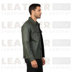Men’s Olive Green Leather Trucker Jacket – Classic Button Front Leather Shirt Jacket