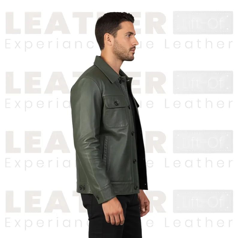 Men’s Olive Green Leather Trucker Jacket – Classic Button Front Leather Shirt Jacket