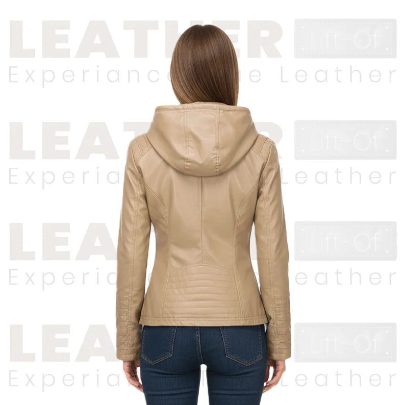 Women’s Beige Hooded Faux Leather Moto Jacket | Zip-Up Biker Style