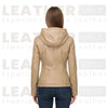 Women’s Beige Hooded Faux Leather Moto Jacket – Zip-Up Biker Style