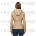 Women’s Beige Hooded Faux Leather Moto Jacket – Zip-Up Biker Style