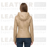 Women’s Beige Hooded Faux Leather Moto Jacket | Zip-Up Biker Style