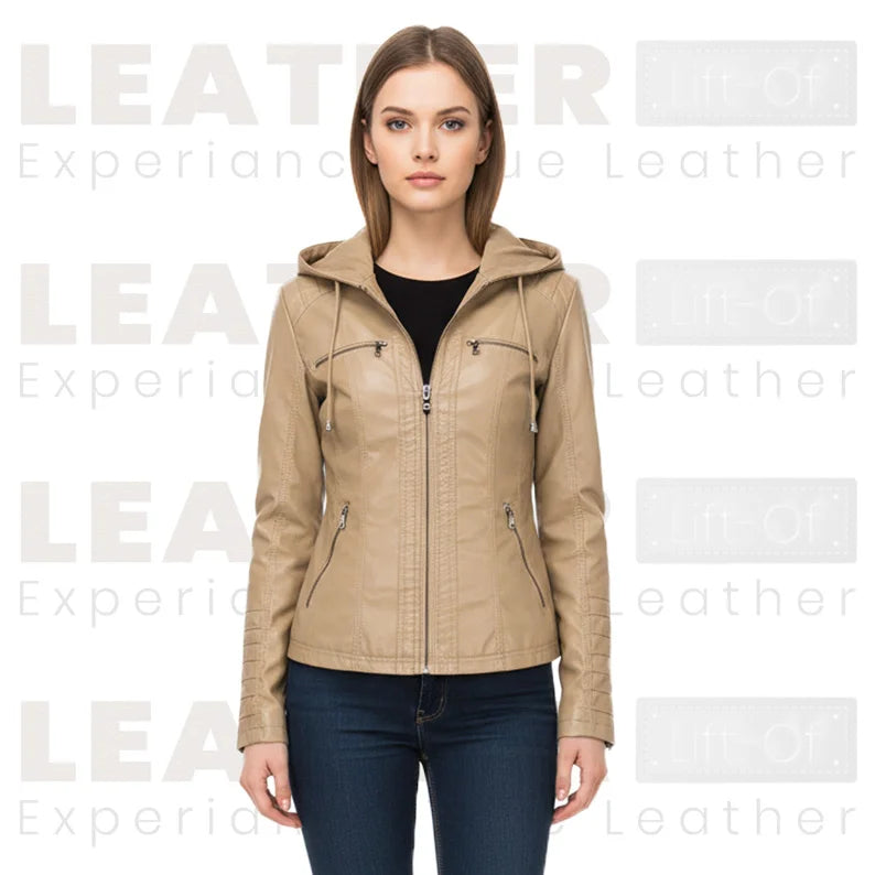 Women’s Beige Hooded Faux Leather Moto Jacket | Zip-Up Biker Style
