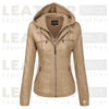 Women’s Beige Hooded Faux Leather Moto Jacket – Zip-Up Biker Style