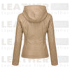 Women’s Beige Hooded Faux Leather Moto Jacket – Zip-Up Biker Style
