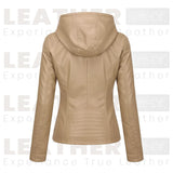 Women’s Beige Hooded Faux Leather Moto Jacket | Zip-Up Biker Style