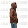 Men’s Brown Hooded Leather Bomber Jacket – Removable Hoodie, Multi-Pocket Design