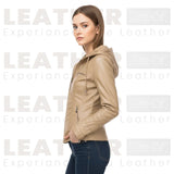 Women’s Beige Hooded Faux Leather Moto Jacket | Zip-Up Biker Style