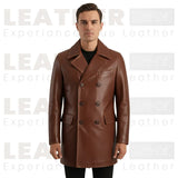 Manteau en cuir marron pour homme, pardessus en cuir à double boutonnage, trench-coat en cuir vintage, manteau d'hiver en cuir véritable, longue veste en cuir classique pour homme, cadeau pour lui