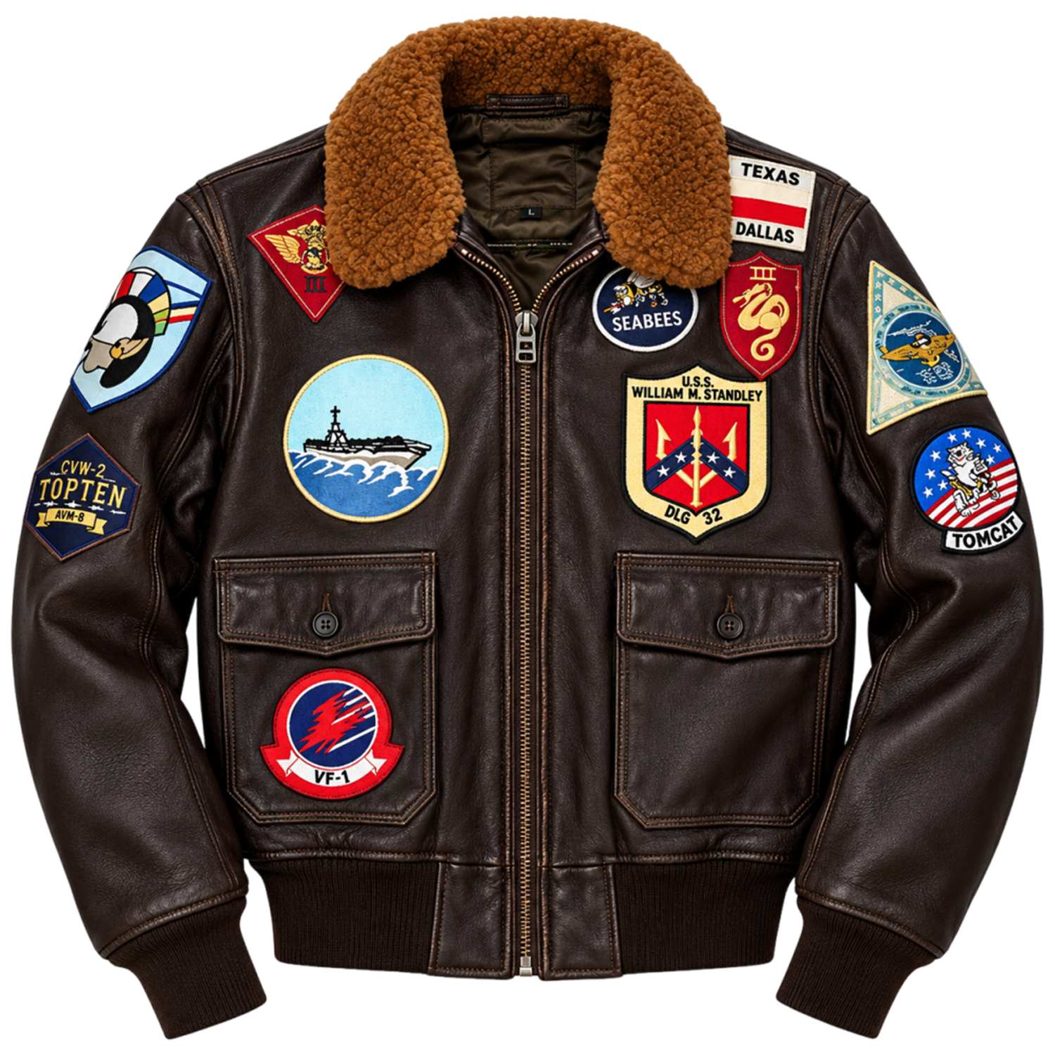 Top Gun Maverick Jacket – Men's Brown Leather Bomber Jacket with Aviation Patches and Plush Collar, Tom Cruise Aviator Cosplay