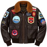 Top Gun Maverick Jacket – Men's Brown Leather Bomber Jacket with Aviation Patches and Plush Collar, Tom Cruise Aviator Cosplay