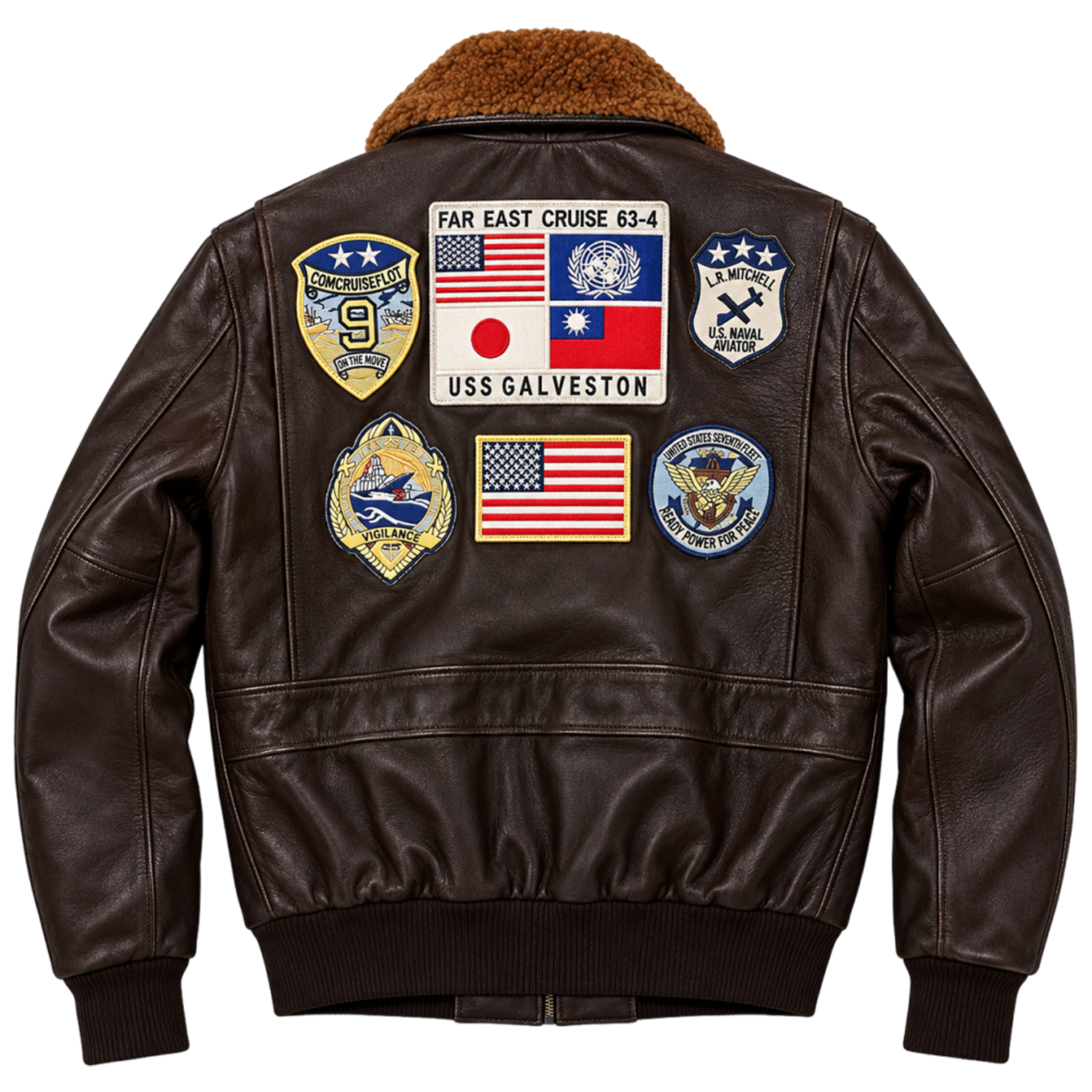 Top Gun Maverick Jacket – Men's Brown Leather Bomber Jacket with Aviation Patches and Plush Collar, Tom Cruise Aviator Cosplay