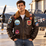 Top Gun Maverick Jacket – Men's Brown Leather Bomber Jacket with Aviation Patches and Plush Collar, Tom Cruise Aviator Cosplay