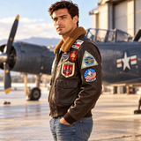 Top Gun Maverick Jacket – Men's Brown Leather Bomber Jacket with Aviation Patches and Plush Collar, Tom Cruise Aviator Cosplay
