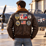 Top Gun Maverick Jacket – Men's Brown Leather Bomber Jacket with Aviation Patches and Plush Collar, Tom Cruise Aviator Cosplay