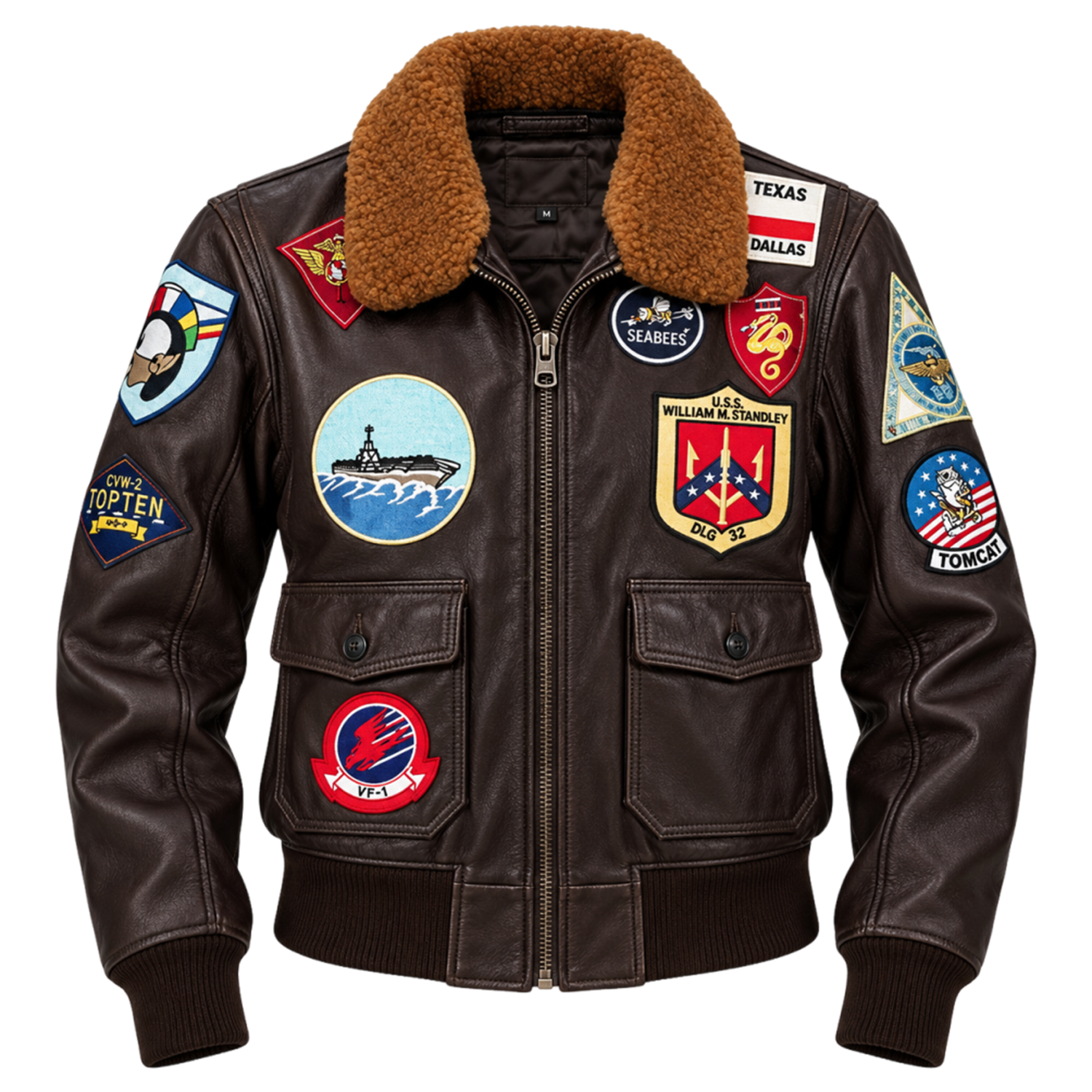 Women's Top Gun Maverick Inspired Bomber Jacket – Brown Leather Aviator Jacket with Aviation Patches and Plush Collar, Cosplay Costume