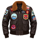 Women's Top Gun Maverick Inspired Bomber Jacket – Brown Leather Aviator Jacket with Aviation Patches and Plush Collar, Cosplay Costume